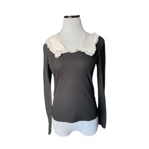 Womens Black Ribbed Top White Peter Pan Collar Size M Goth Wednesday Addams Y2K